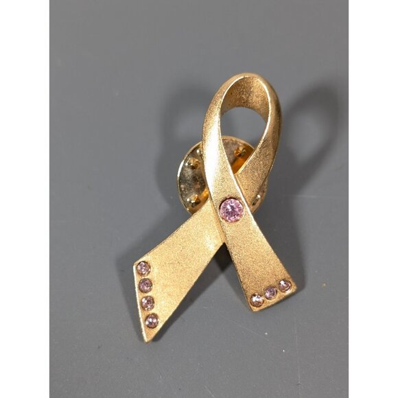Avon Gold Tone Matte Pink Rhinestone Ribbon Awareness Tack Pin Small Brooch - Picture 2 of 6